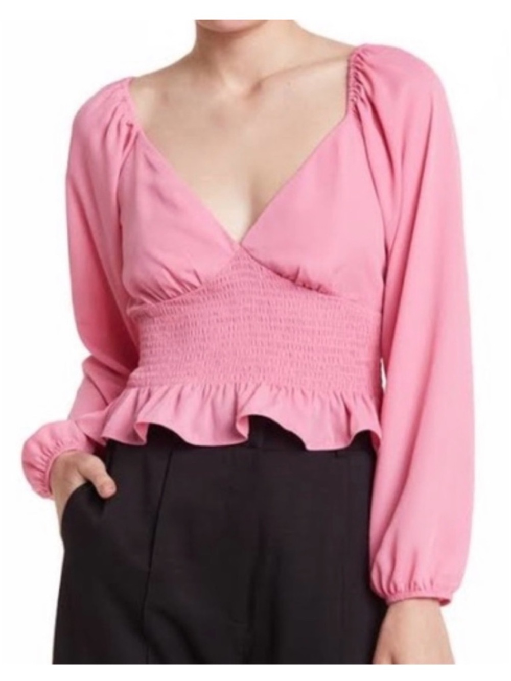 Pink Smocked Peplum Long Sleeve Top